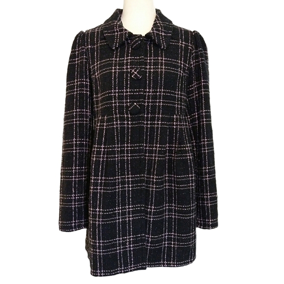 BB Dakota Black Pink Plaid Shiny Sparkly Collared Coat Pockets Preppy - Picture 1 of 13